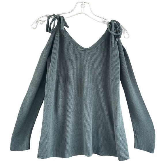 LOFT Green Cold Shoulder Tie Sweater Size Medium - Picture 1 of 5